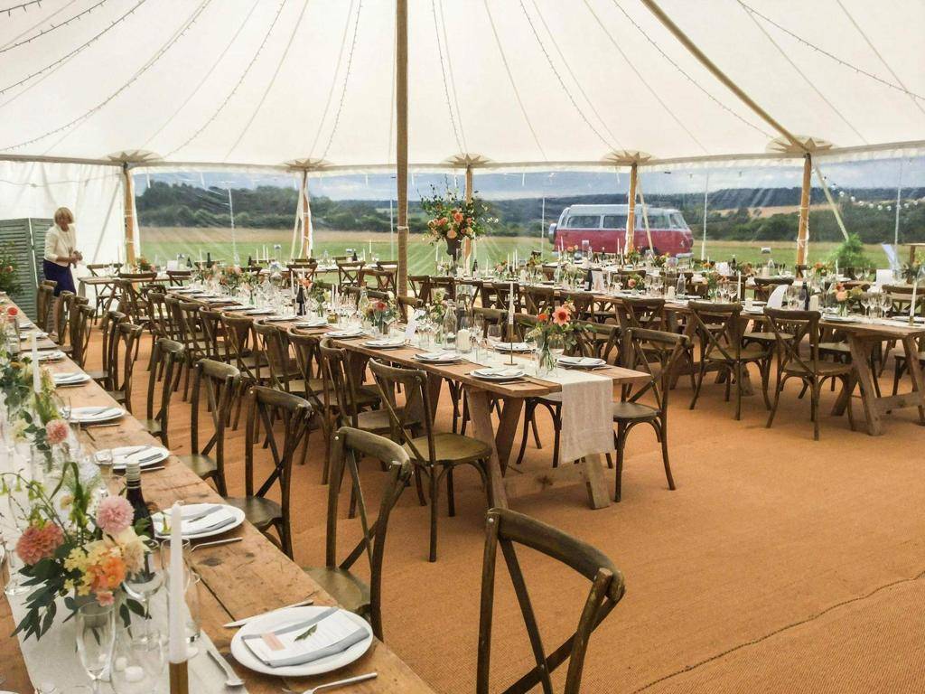 Sperry Tent and Sail Cloth Marquee Interior Hire with Wooden Tables
