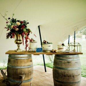 Oak Barrel Bar with Reclaimed Timber Top - Rustic Event Decor for Weddings, Parties, and Corporate Events